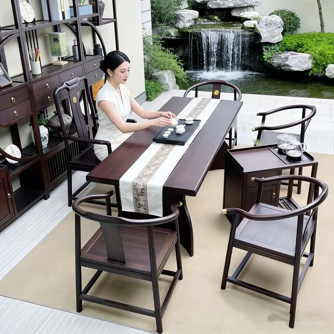 新中式乌金实木大板茶桌茶椅组合乌金茶台博古架儿童学习桌