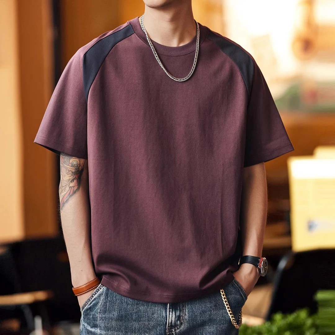 淘京贝 高端美式潮牌撞色拼接短袖t恤男夏季新款宽松男士半袖上衣