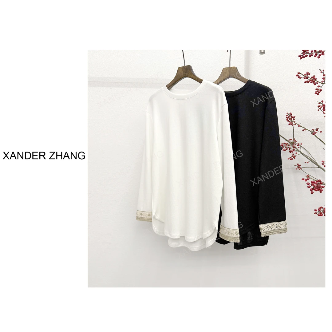 山大张极简新国风波西米亚袖口装饰带宽版T恤YBT1J076百搭精梳棉