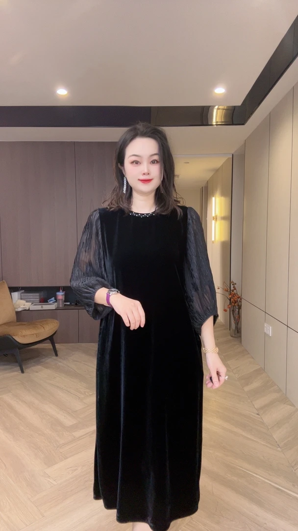 25100Q长袖拼接丝绒真丝连衣裙高端百搭女士桑蚕丝连衣裙