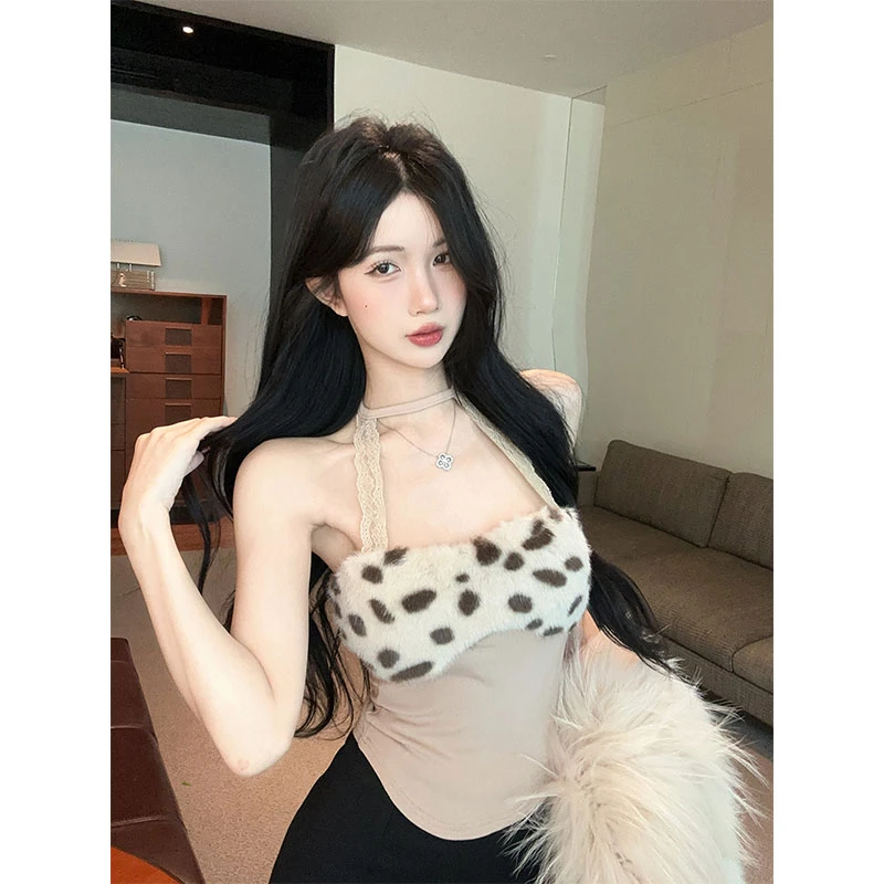 2025秋季新款蕾丝挂脖拼接毛绒绒内搭单穿背心修身百搭裙裤套装