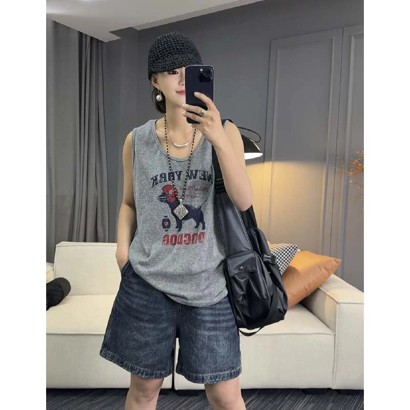 7677太谷休闲夏季新款时尚简约通勤百搭印花圆领小狗雪花棉背心