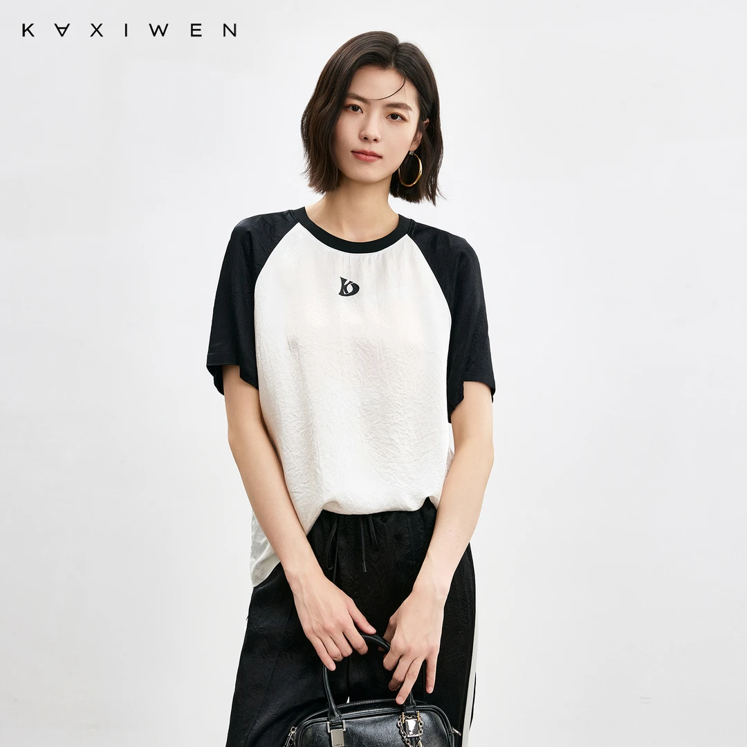 佧茜文醋酸拼接T恤【夏新】时尚慵懒肌理感插肩袖上衣女X04ATN2024