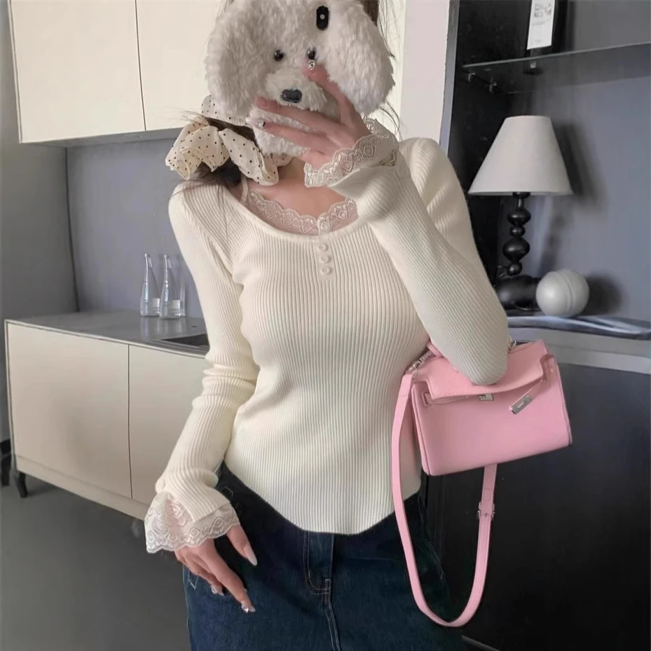 温柔风假两件蕾丝拼接长袖针织衫冬季新款修身显瘦上衣女