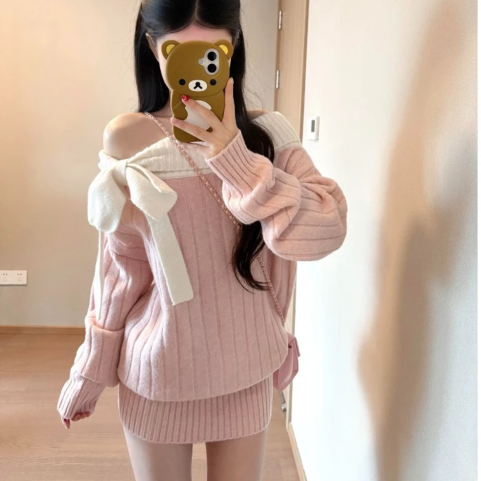 蝴蝶结针织连衣裙女秋冬新款显瘦韩系收腰毛衣裙包臀短裙