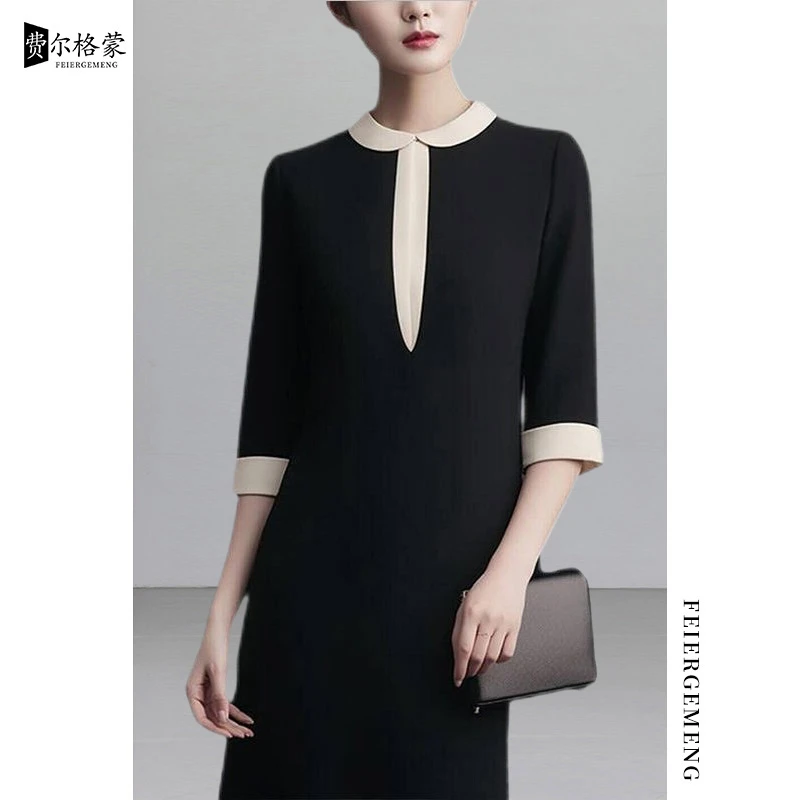 高档时尚高级感连衣裙撞色新款气质修身显瘦夏季裙子黑色连衣裙