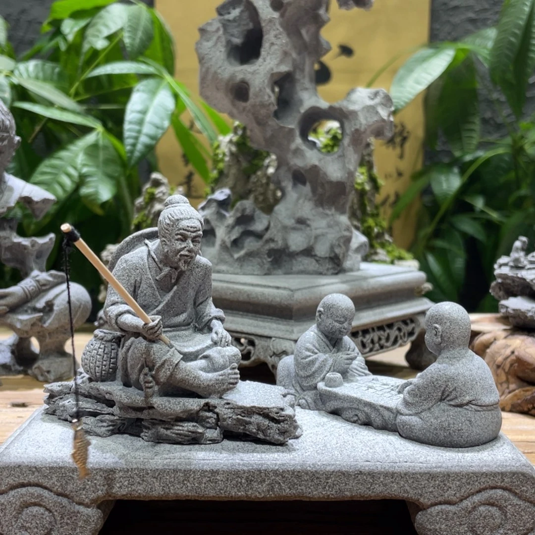 石材钓鱼一个下棋童子一个