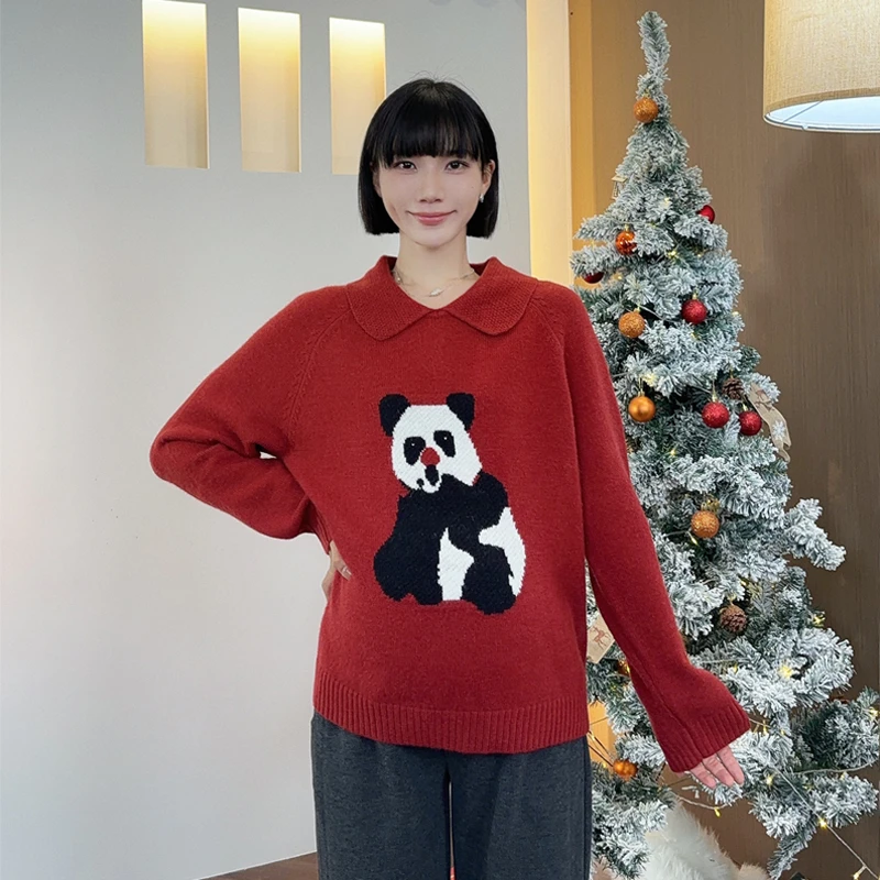 AULU 熊猫卡通翻领加厚秋冬软糯孕妇上衣针织衫
