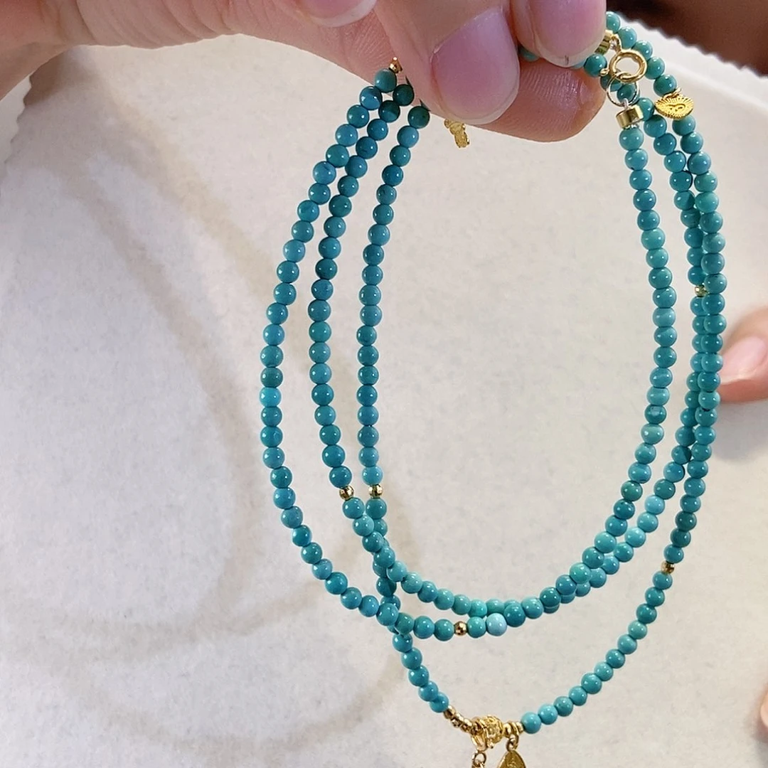 绿松石18K金镶嵌颈饰设计款小米珠项链转经筒