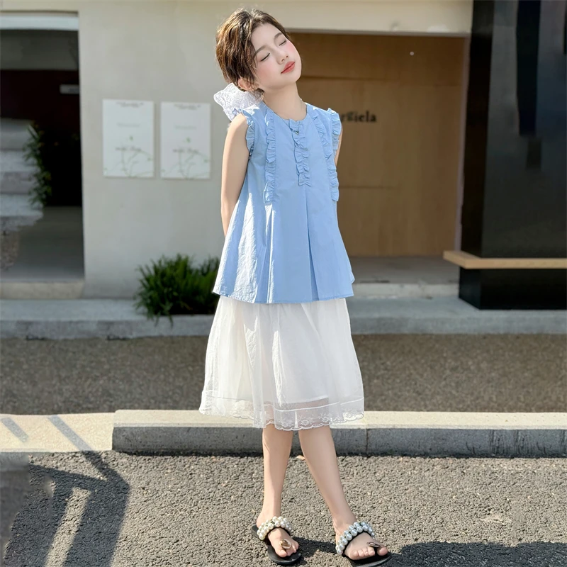 女童夏季连衣裙2025新款6-12岁15岁中大童洋气甜美拼接网纱公主裙