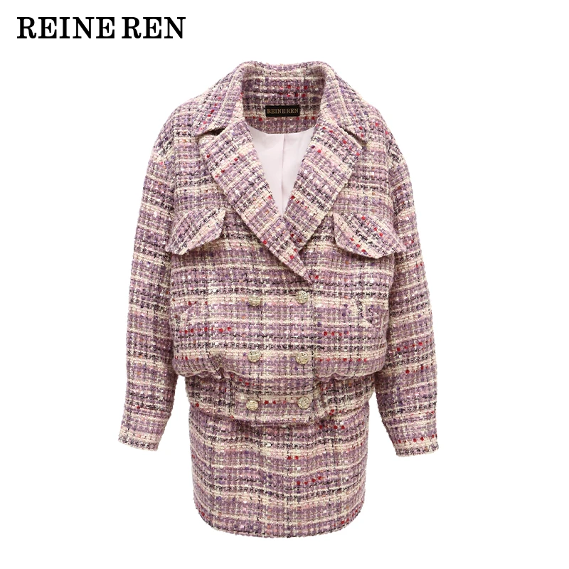 REINEREN粗花呢法式夹克外套短裙套装
