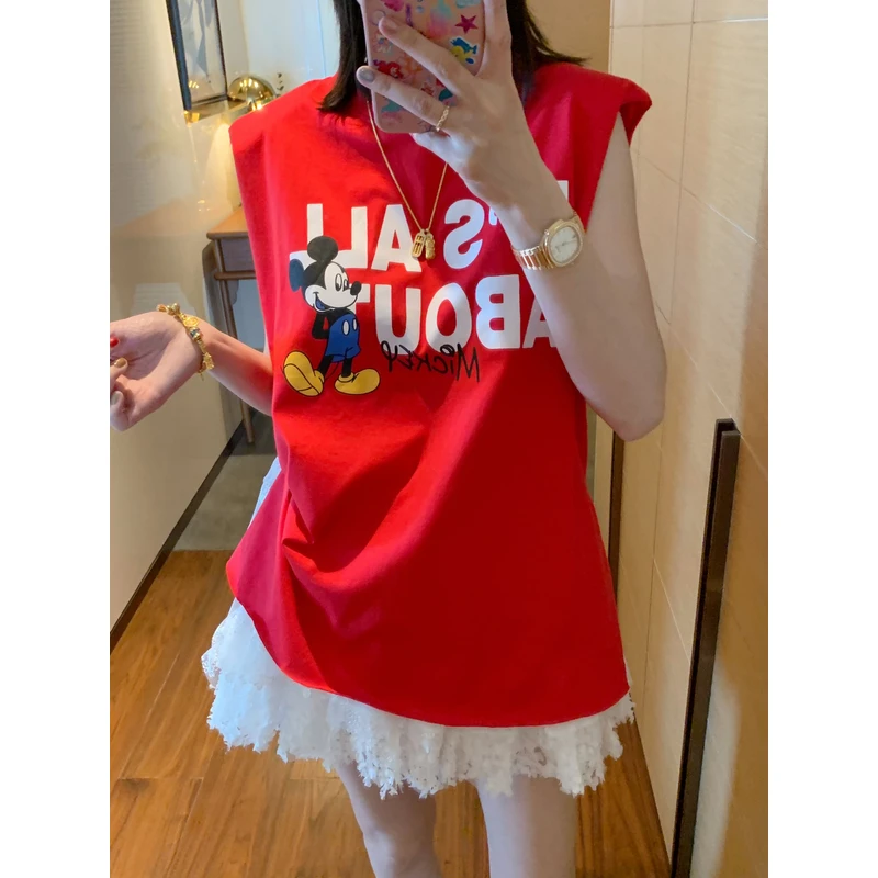 【张静芝】卡通白色字母无袖红色T恤