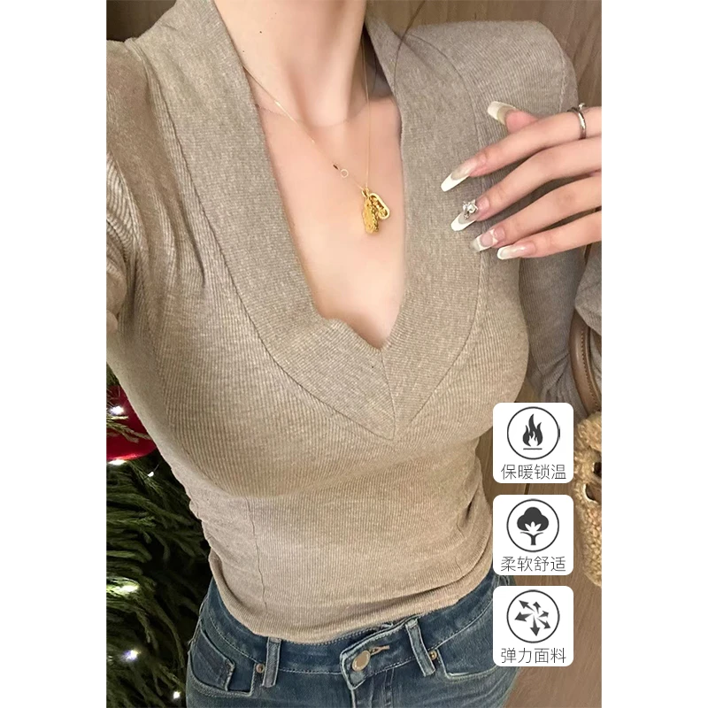 媛媛【南法立冬】秋冬小个子V领2024韩版显瘦气质长袖t恤上衣#D0696