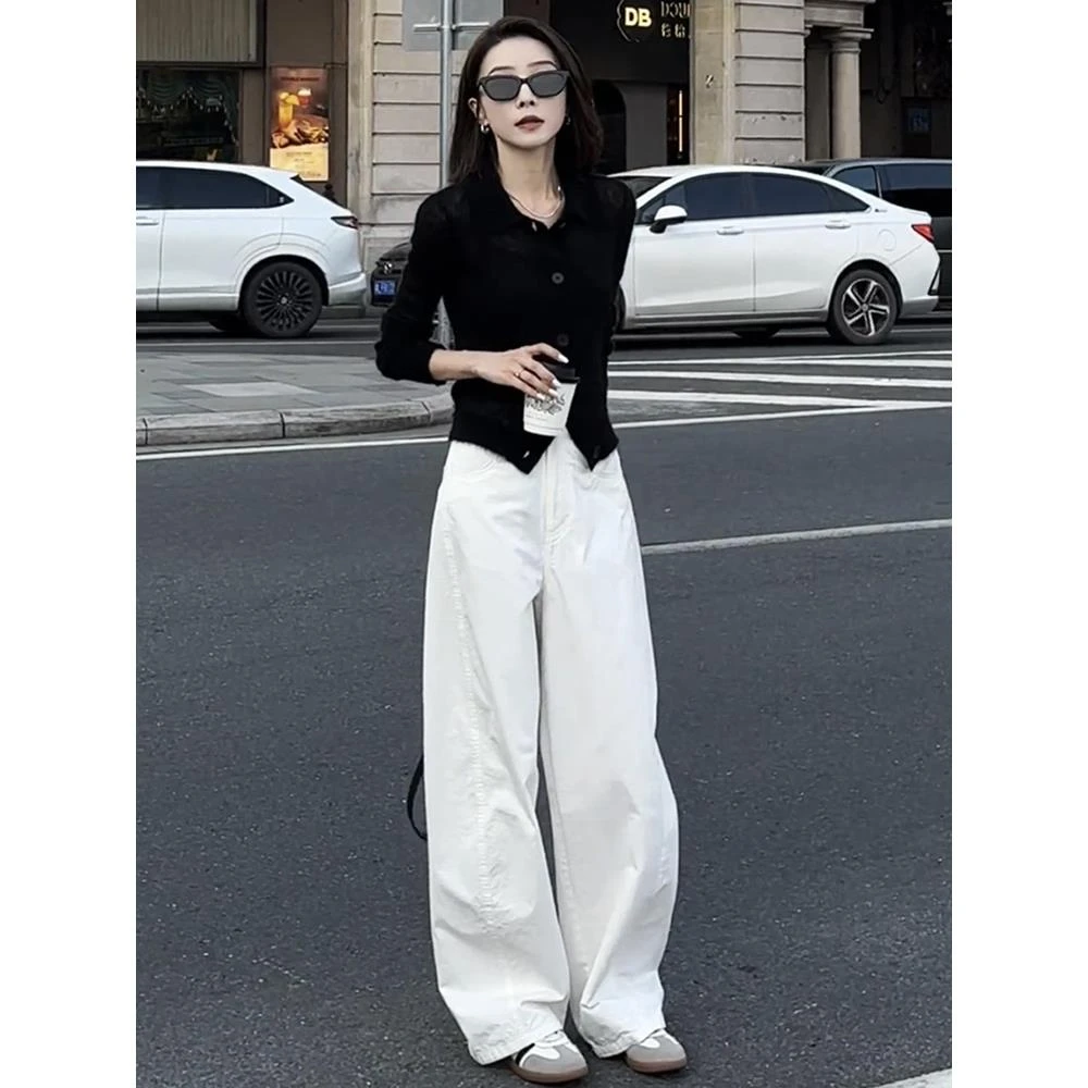 白色休闲裤女2025夏季新款高腰宽松阔腿拖地裤简约百搭直筒长裤子