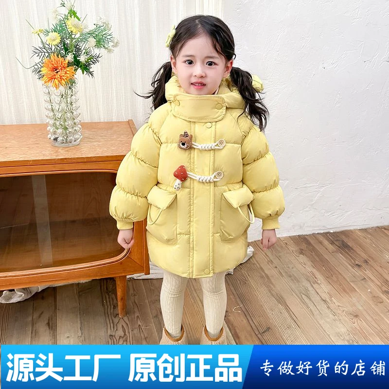 加绒加厚款女宝女童中长款棉袄中国红女童棉服 卡通女孩棉衣外套