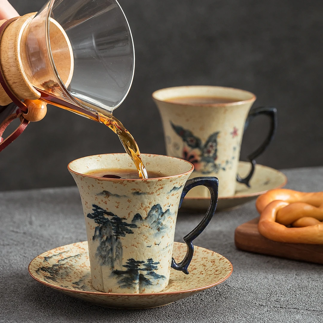 咖啡杯轻奢高级感的精致高颜值手绘复古家用陶瓷杯马克杯茶杯
