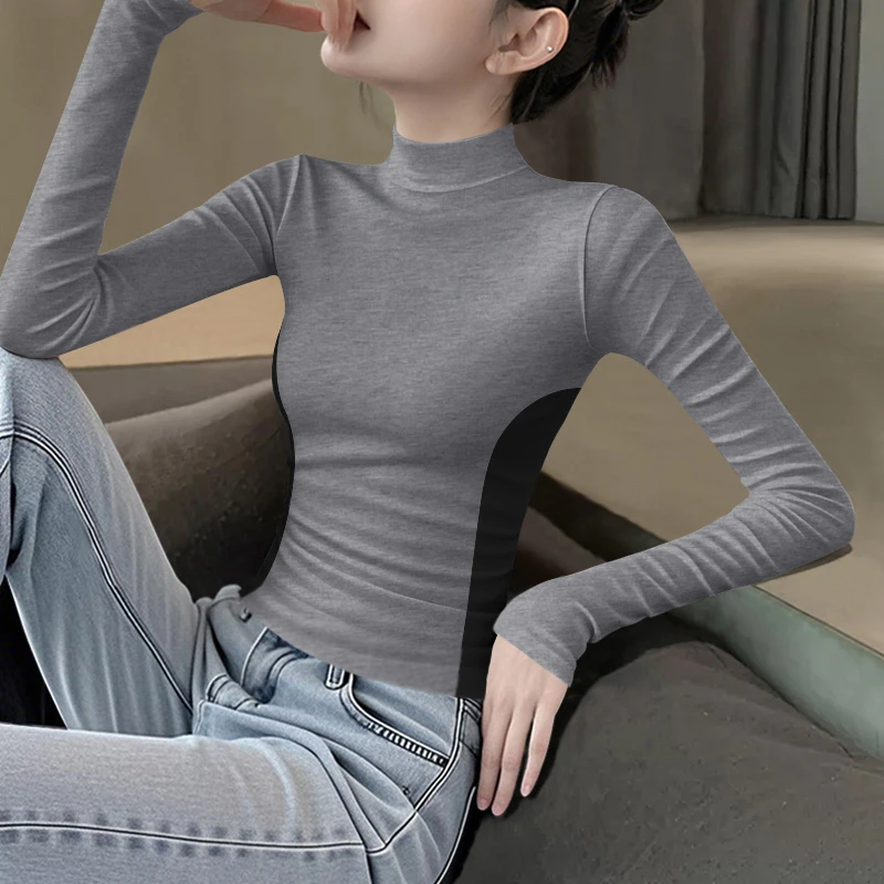 2025秋冬新款半高领撞色长袖女灰色拼接高级感显瘦修身打底上衣服