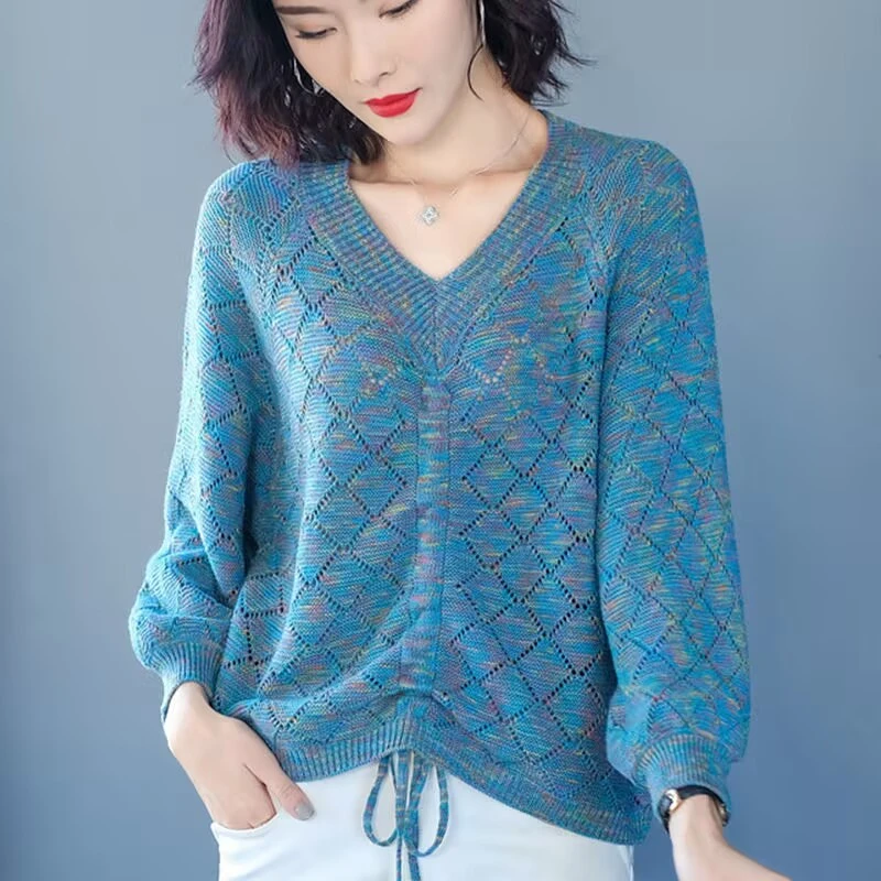 春秋2025年春款女装抽绳上衣针织打底衫薄款宽松大码韩版毛衣V领