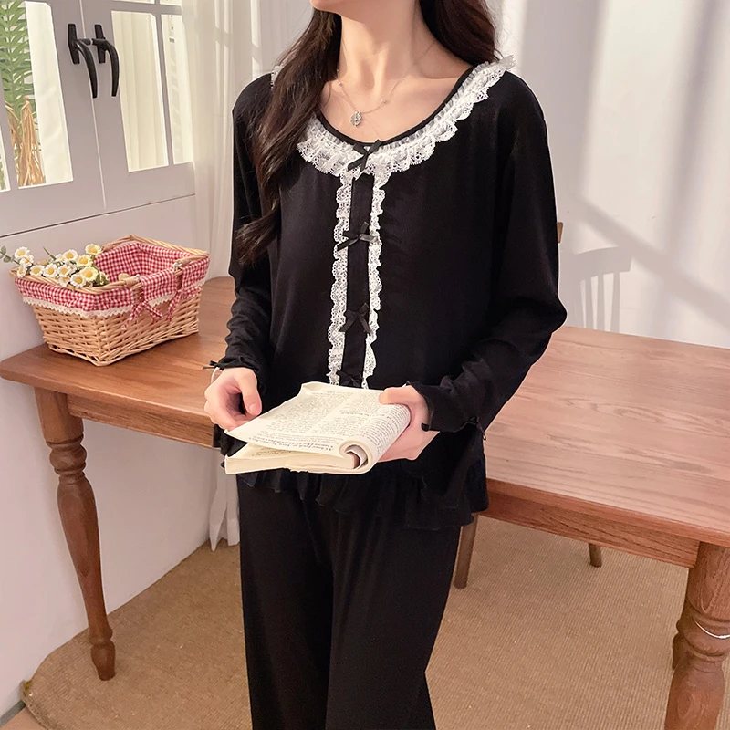 带胸垫2025年春秋新款莫代尔棉睡衣女士轻奢蕾丝甜美家居服两件套