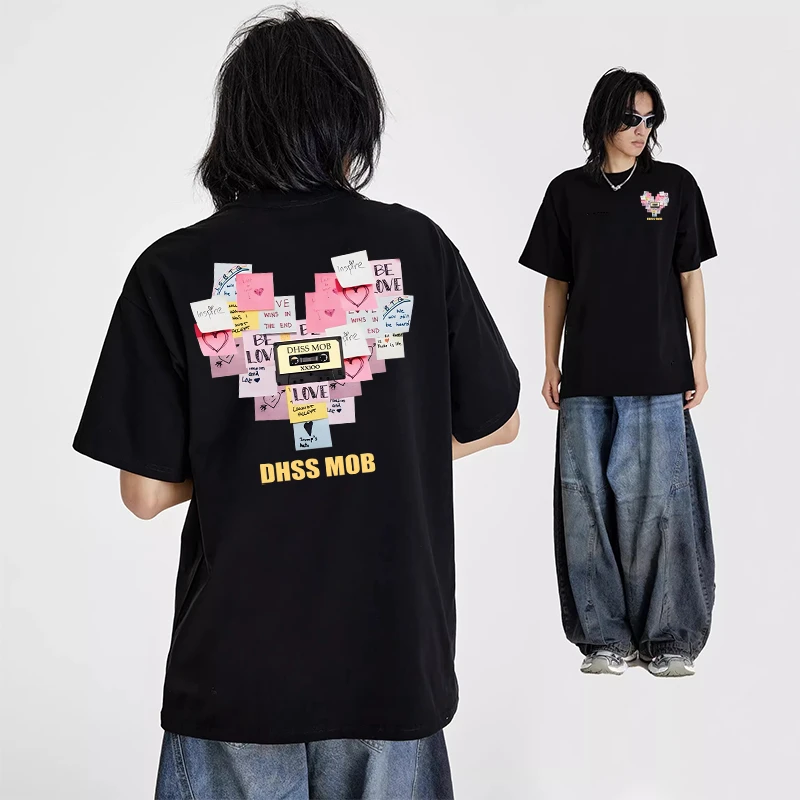 夏季新款短袖T恤男女同款卡通贴纸印花圆领纯棉半袖百搭上衣服