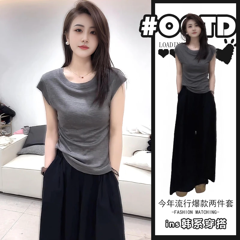 夏装搭配一整套韩系灰色圆领宽松t恤黑色高腰显瘦阔腿裤两件套女