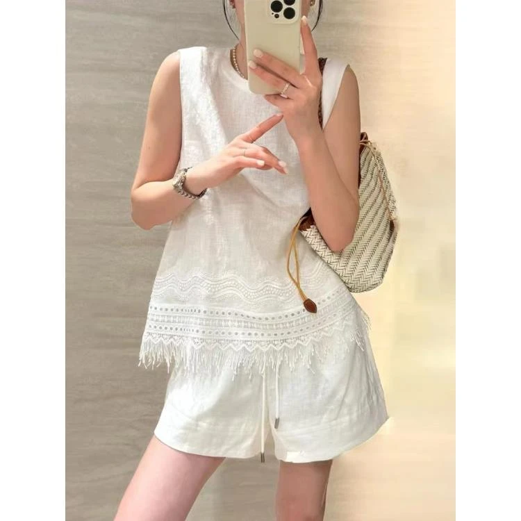【马琦尧专属】夏装新款流苏须须后开叉背心+高腰短裤亚麻套装8819