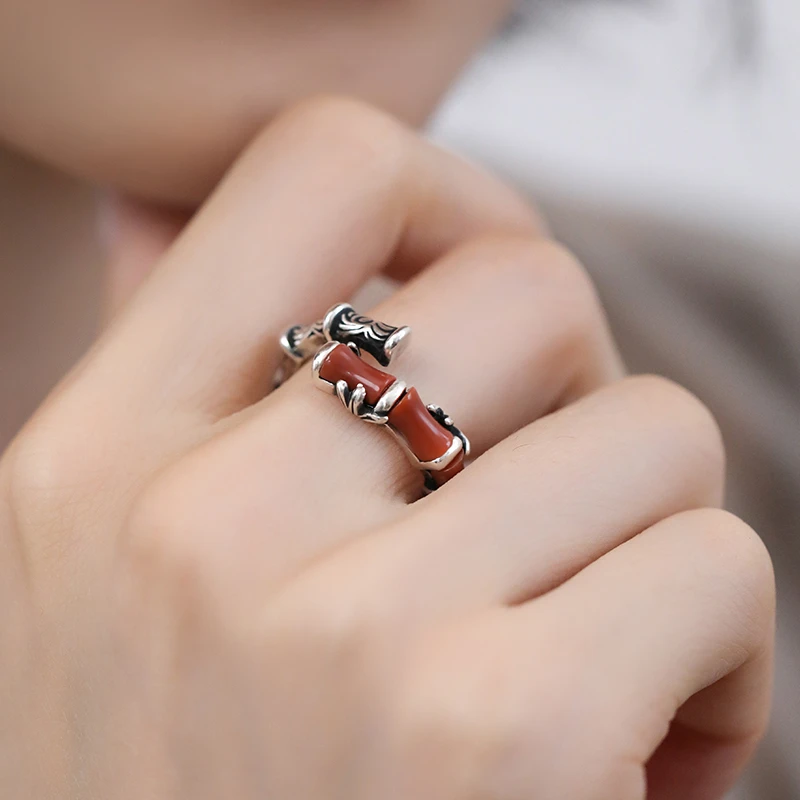J13391<非晚>S925银竹节南红复古做旧戒指时尚气质银戒叠口可调节