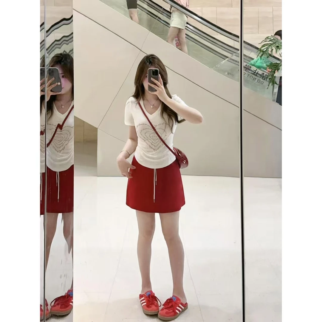 橘子-微胖小众设计感爱心印花T恤WP9881+休闲高腰短半裙 WP9884
