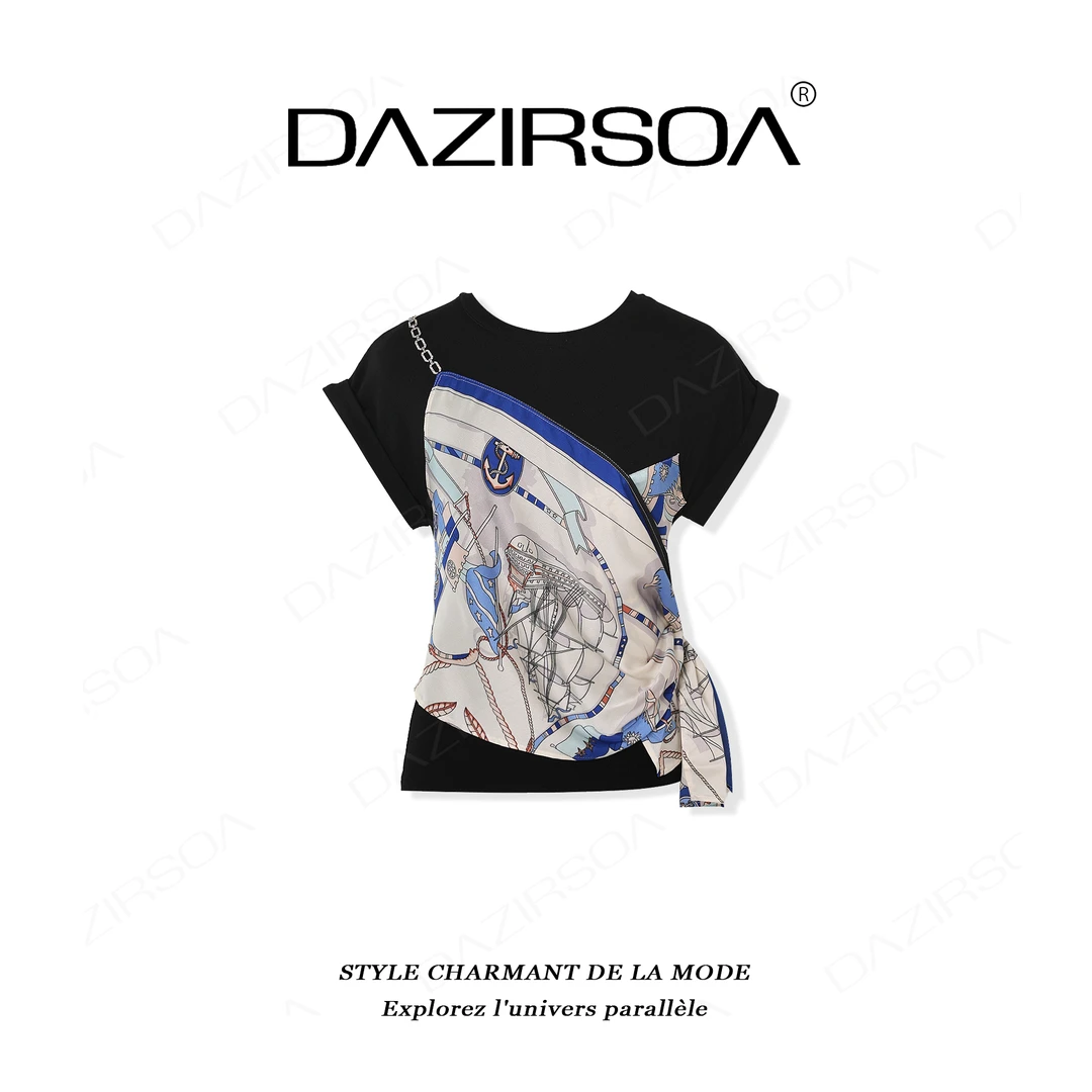 DAZIRSOA/达姿“迷醉森林”时尚百搭简约个性花色假两件T恤 AA278