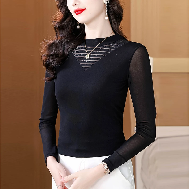 法式设计感网纱烫钻长袖打底衫T恤女秋冬轻职风弹力修身上衣1791