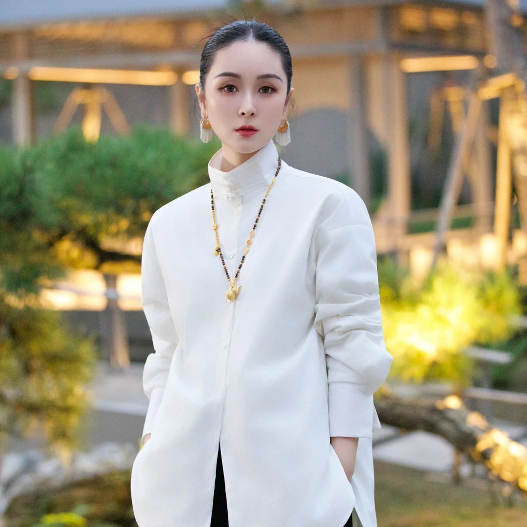 【两粒扣衬衫四季款棉款】新中式高领衬衫上衣高定白色打底衫