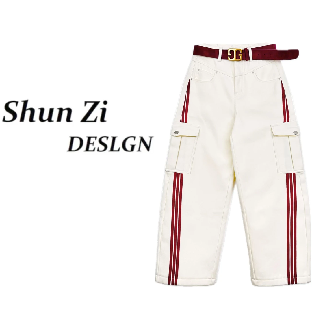 顺子/SZ6918 原创设计师欧版复古时尚酷帅拼接撞色牛仔弯刀工装裤