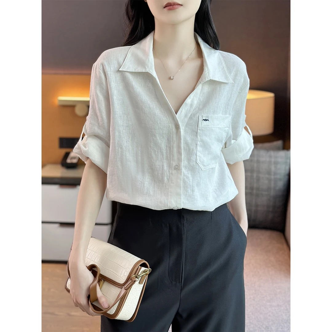 左左家 C姐家元厂品质~口袋刺绣宽松休闲可调节七分袖亚麻衬衫女
