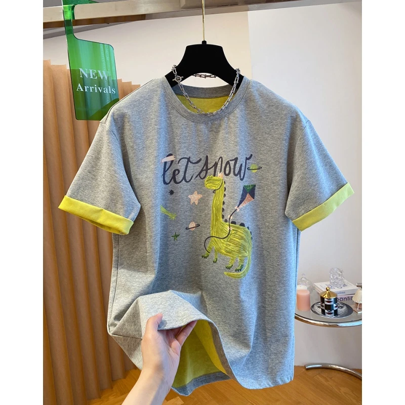 撞色卡通印花短袖t恤女夏季2025新款宽松内搭纯棉体恤打底衫上衣