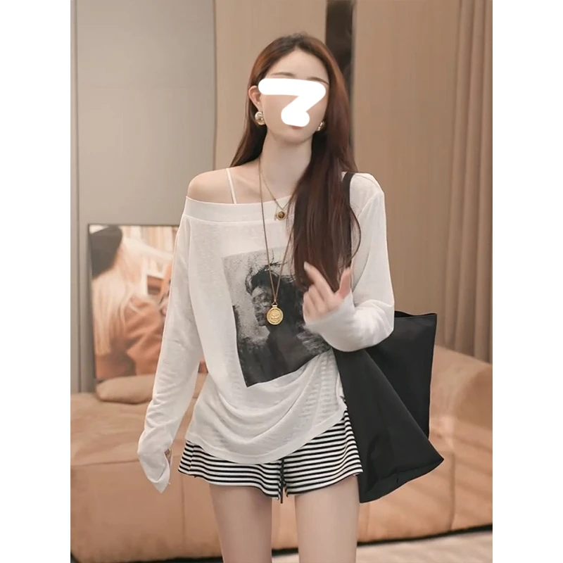 【斜肩艺术】巨好看的防晒罩衫女薄款慵懒宽松百搭印花长袖T恤上衣