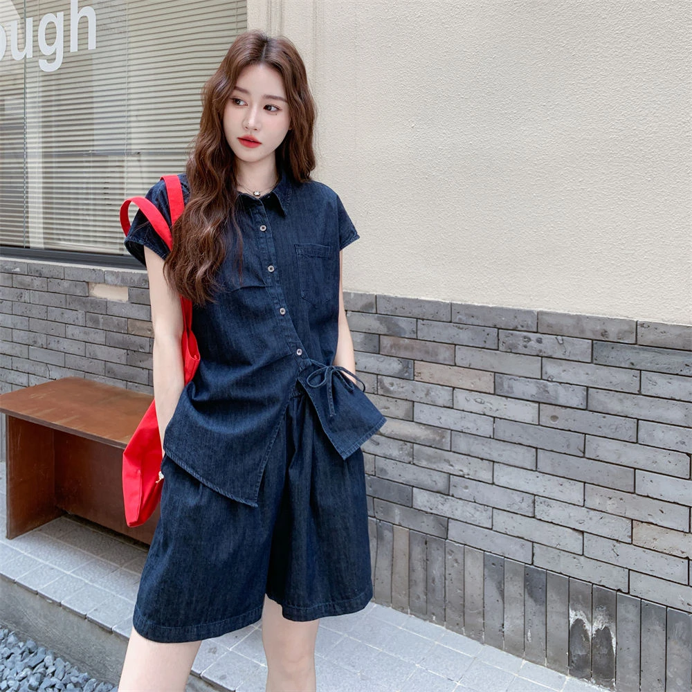 超火牛仔衬衫短裤套装女夏2025新款又酷又飒两件套爆款减龄显瘦