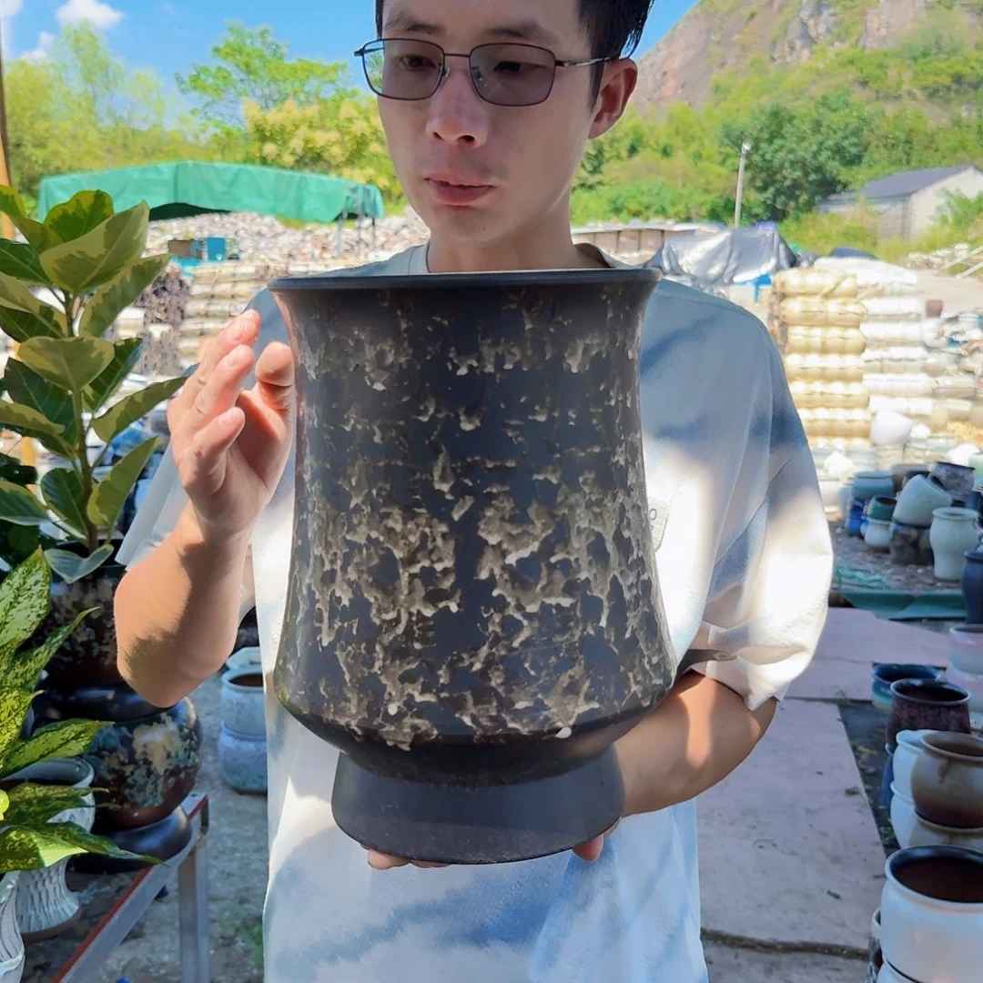 紫砂花盆口20高30（一个束腰黑姹寂