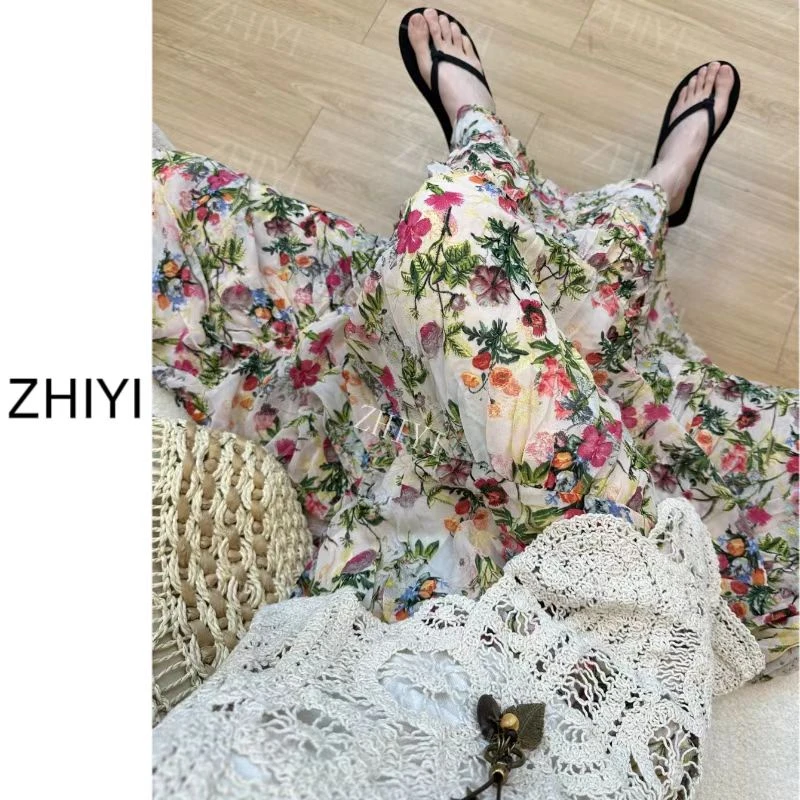 时尚甜美减龄显瘦碎花拼接高腰半身裙2025春秋新款A字大摆裙长女