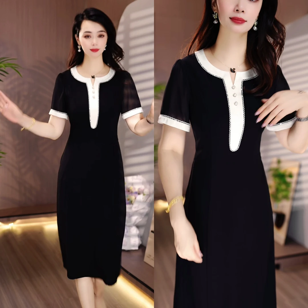 简约高档连衣裙白色领口拼接撞色小香风小黑裙遮肚显瘦洋气减龄