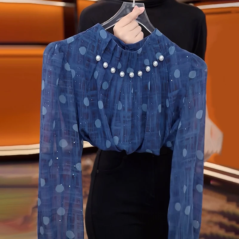 2025秋季新款女士法式洋气减龄立领衬衫显瘦重工钉珠雪纺小衫上衣