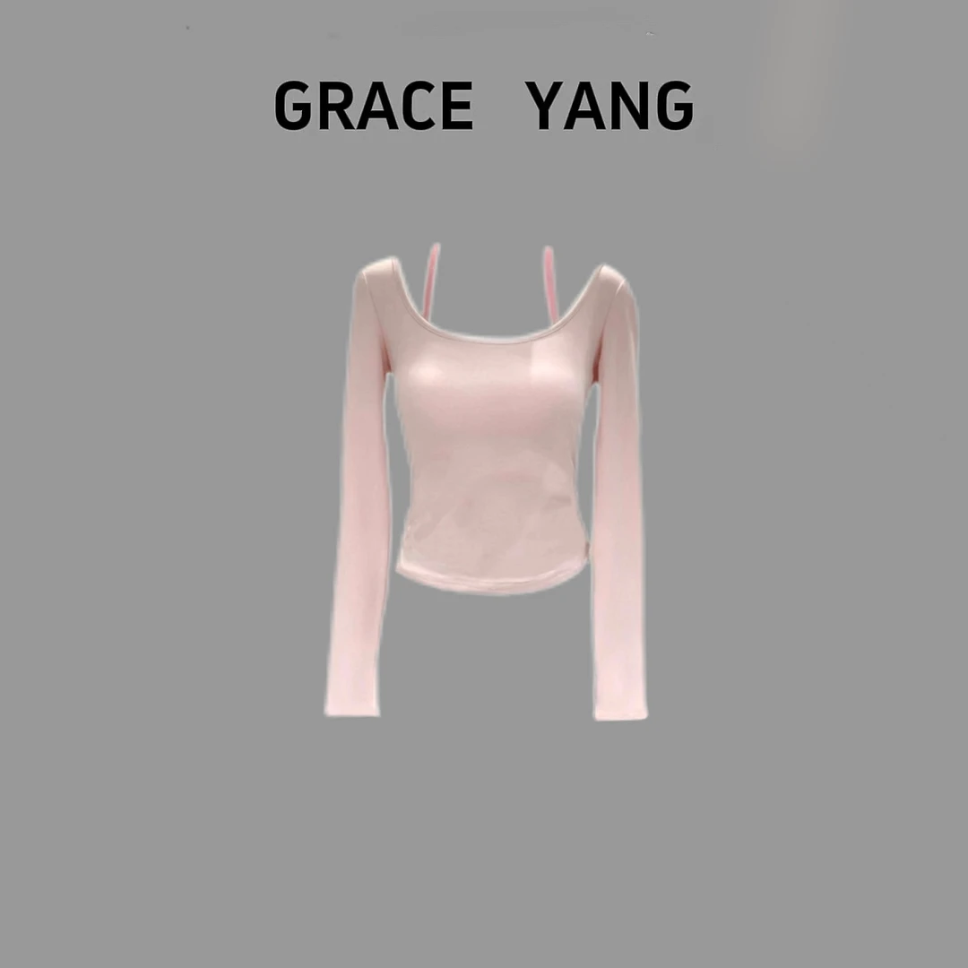 粉色纯欲假两件U领吊带