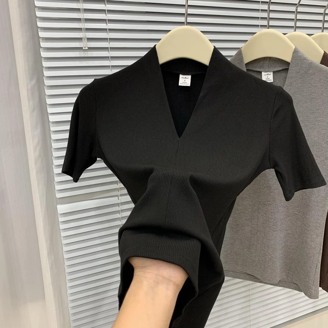 高弹力欧货黑色短袖t恤女2025夏季新款修身显瘦百搭纯色V领打底衫