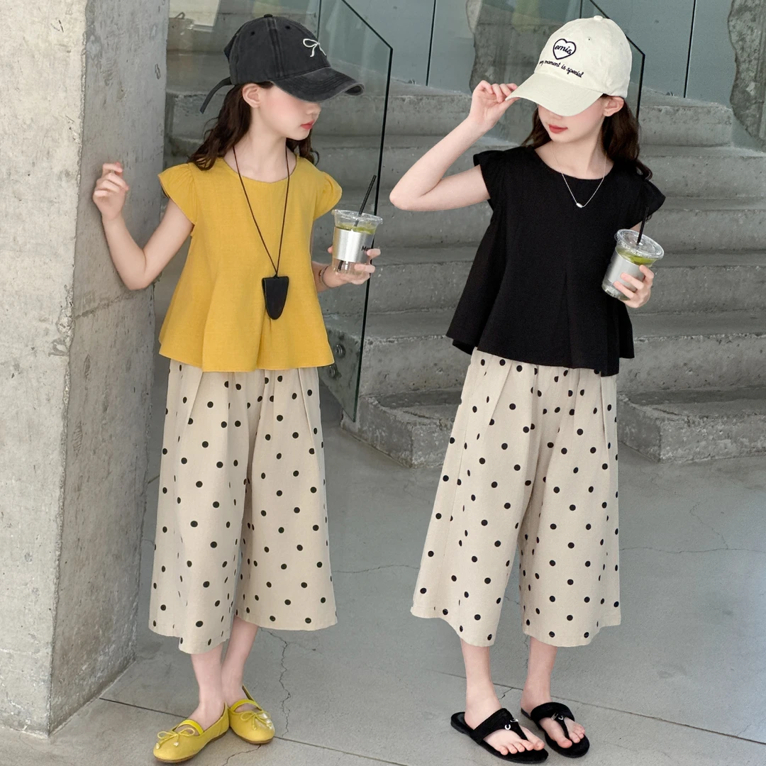 2025新款女童圆点阔腿套装宽松6-12岁中大童休闲风个性显瘦气质