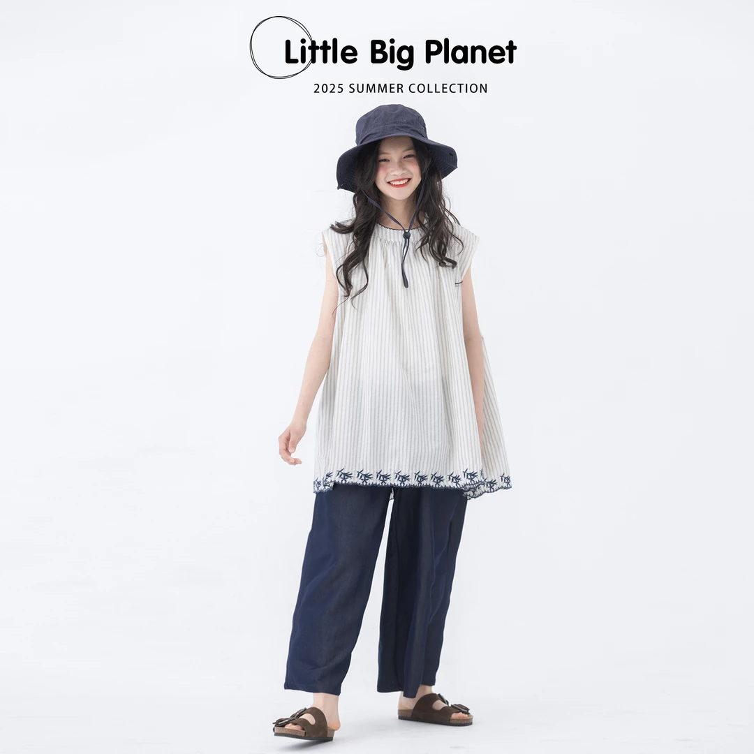 小小大星球童装 清新竖条纹刺绣娃娃衫 夏季女童森系精致无袖上衣