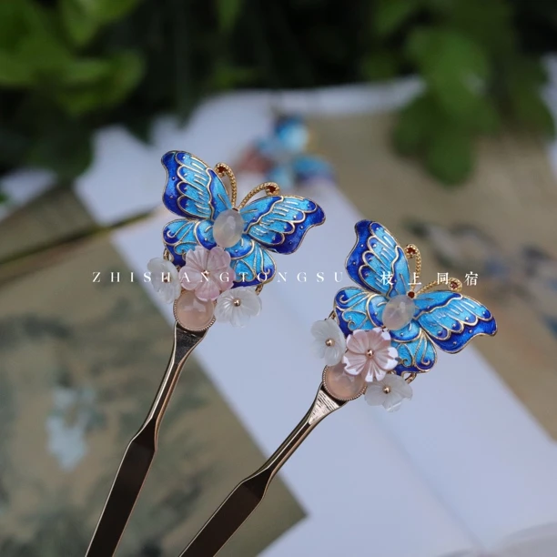 烧蓝蝴蝶碟贝百搭复古简约日常旗袍汉服新中式发簪一支