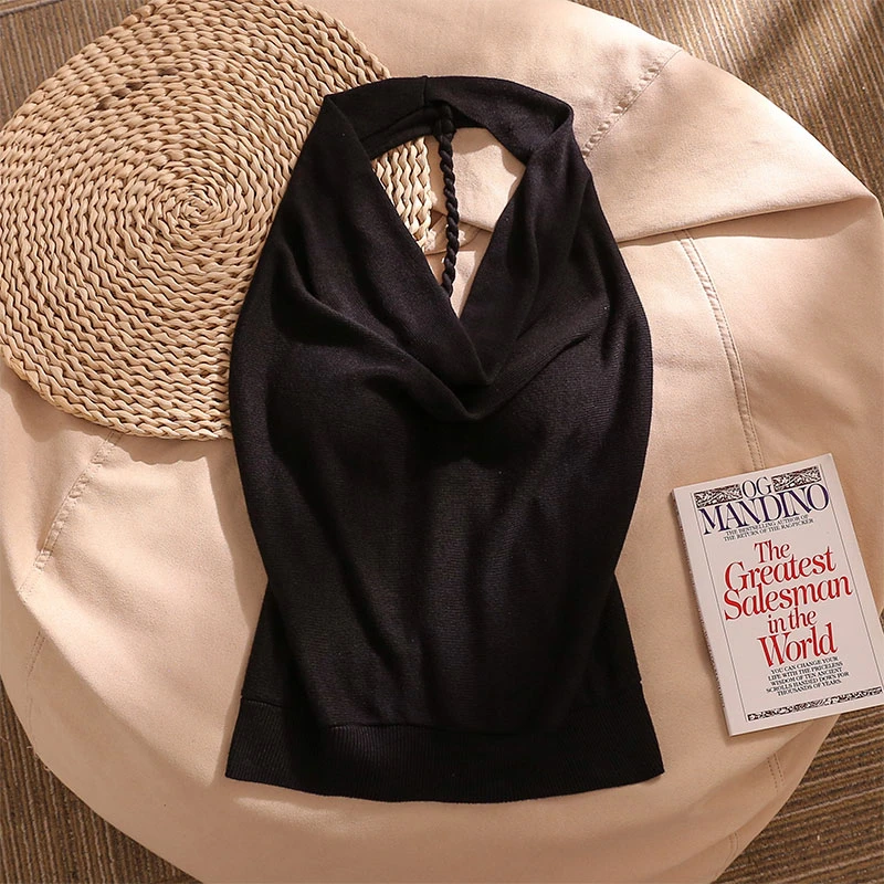 气质黑色荡领挂脖吊带背心女夏季修身辣妹设计感无袖露背上衣