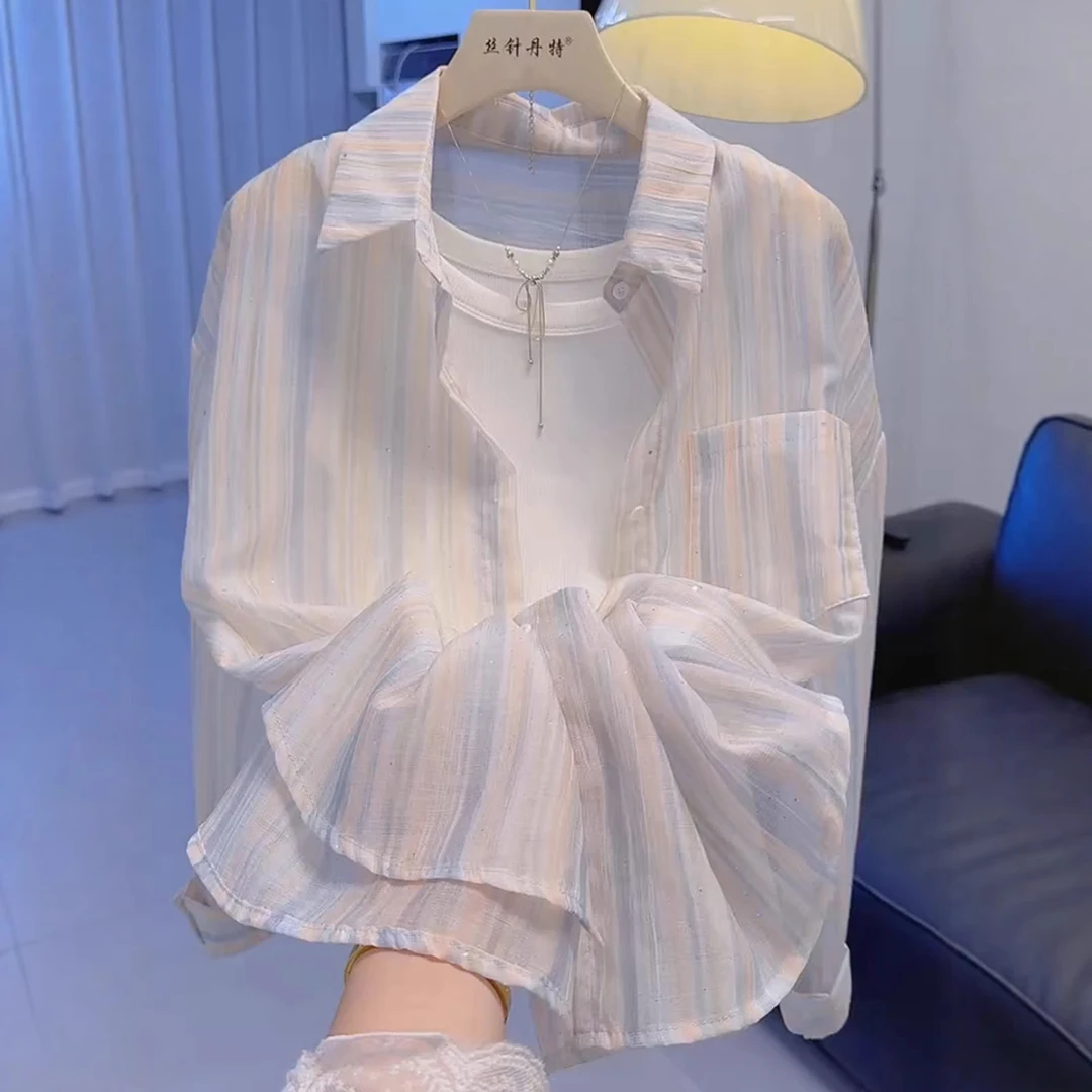 法式上衣2025夏日冰丝薄款条纹防晒衬衫女士时尚翻领开衫长袖罩衫