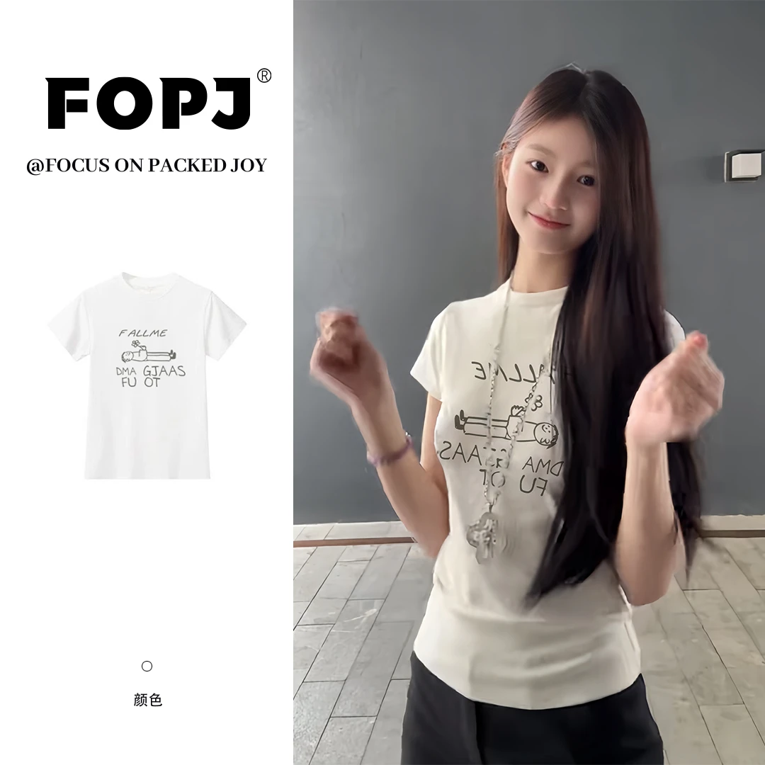 FOPJ美式学院风短袖t恤女夏季字母印花白色正肩圆领修身显瘦上衣