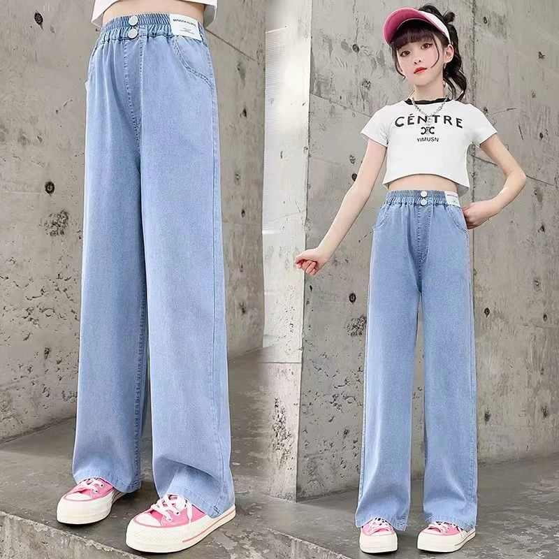 女童天丝超薄款牛仔裤夏季喇叭裤洋气新款中大儿童宽松运动休闲裤