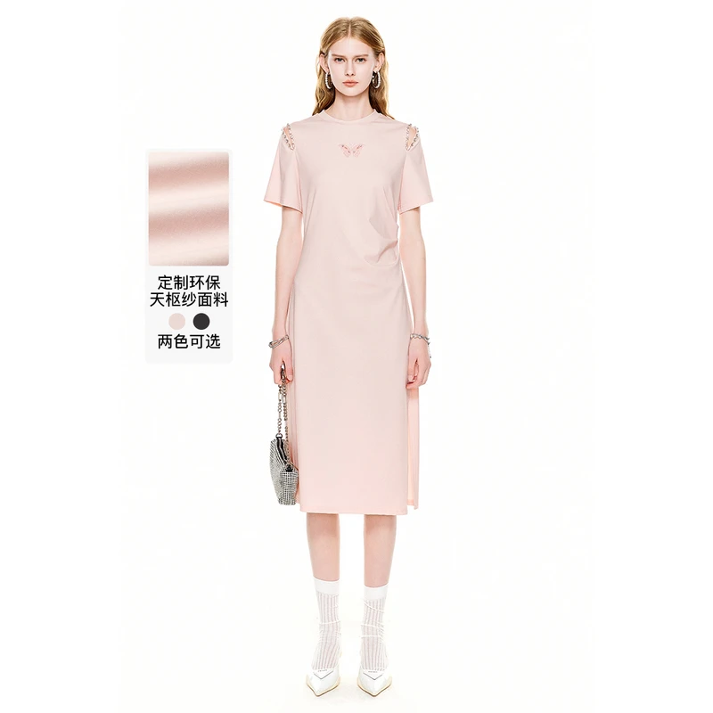 MISSCOCOON钉钻露肩加长开叉抽褶连衣裙0206